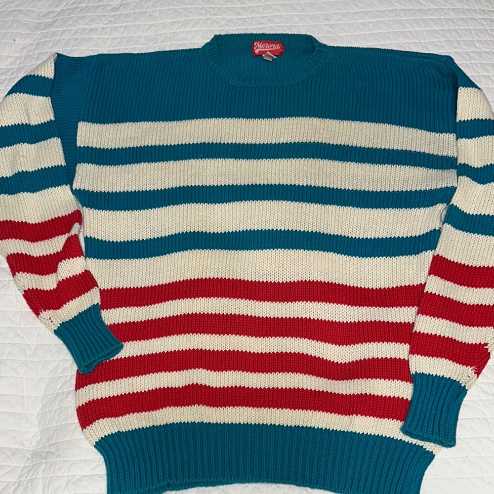 Vintage Striped Sweater - Blue, Red, and Cream XL made in England Merona